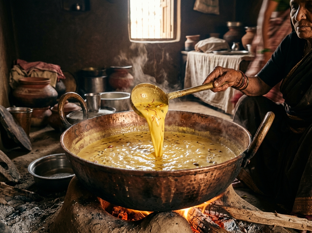 Slow milk reduction in heavy copper kadhai